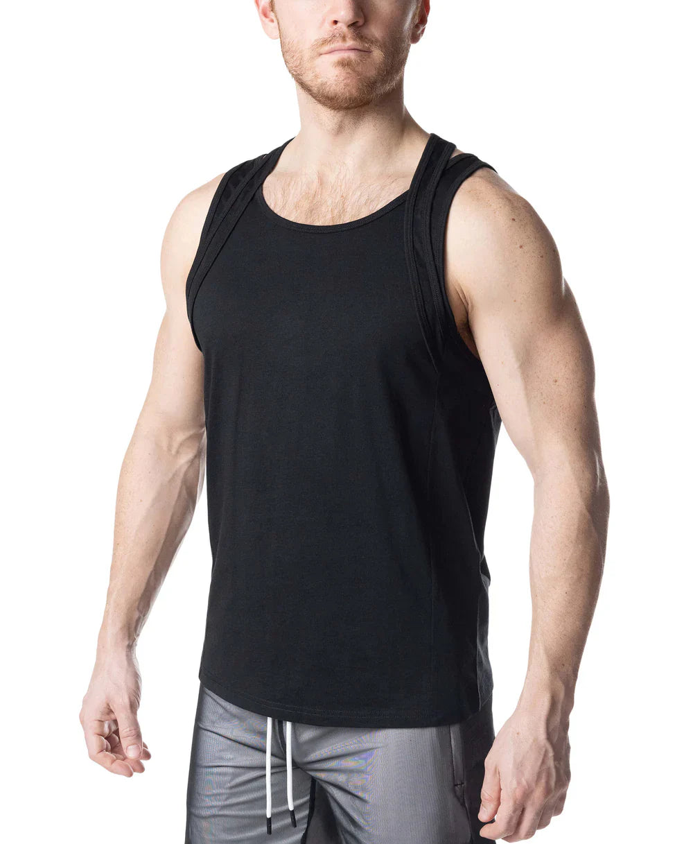 Black double top tank top with round neckline sleeveless design and subtle side seam detailing