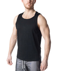 Black double top tank top with round neckline sleeveless design and subtle side seam detailing