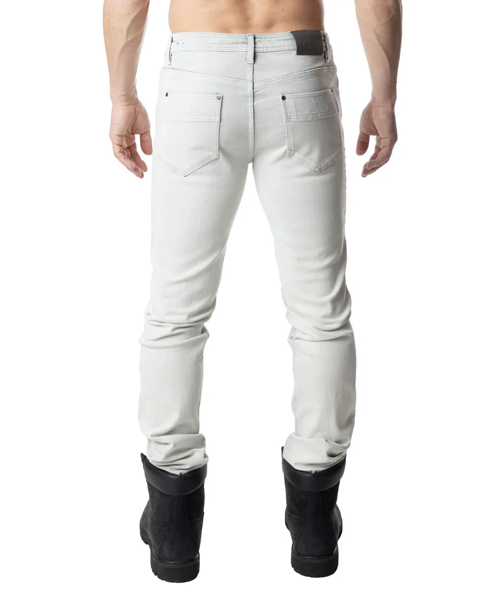 Light gray slim-fit denim jeans with a subtle faded wash and black leather belt loop from NP Jean bleached collection