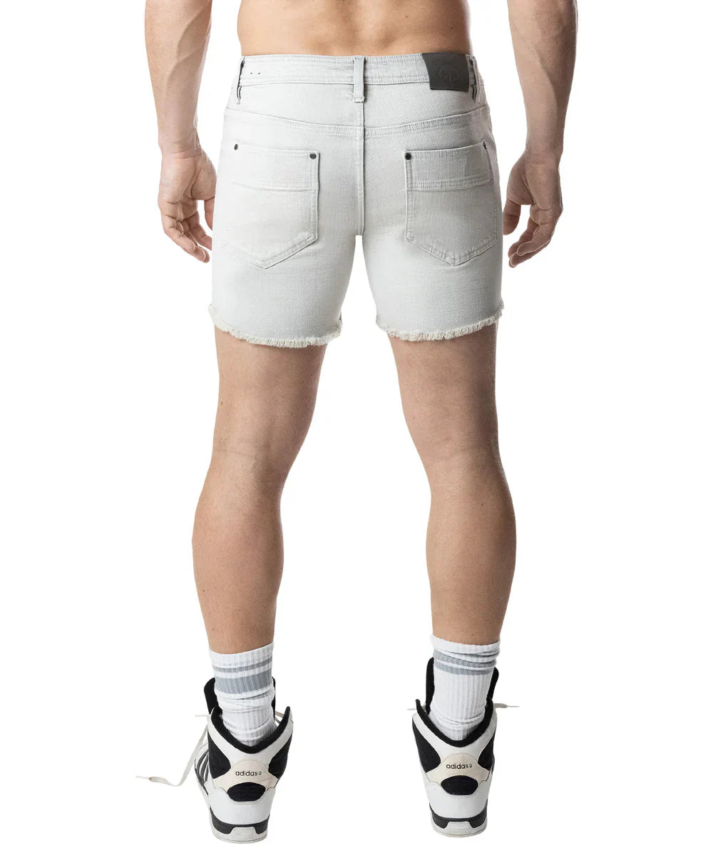 Back side of light-wash bleached denim quad shorts with frayed hem and functional back pockets