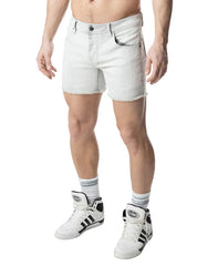 Light-wash denim quad short with frayed hem and classic five-pocket design in bleached finish