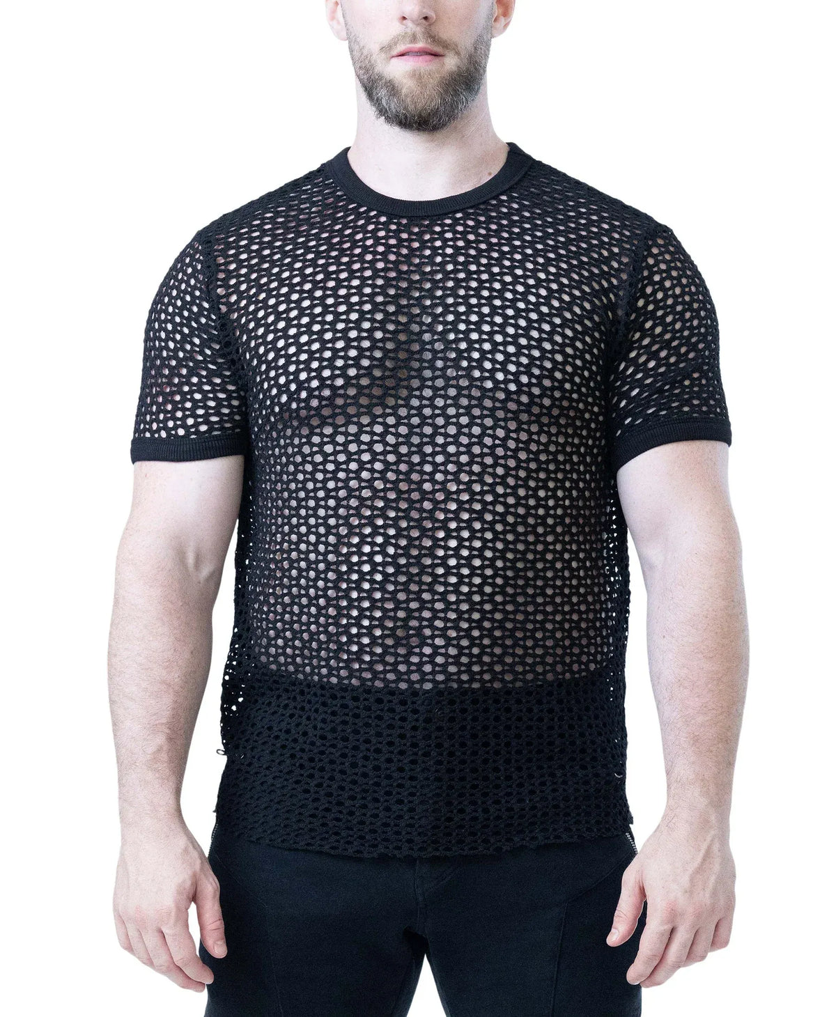 Man wearing a black short-sleeve open-knit mesh shirt with crew neck and ribbed cuffs by Nasty Pig
