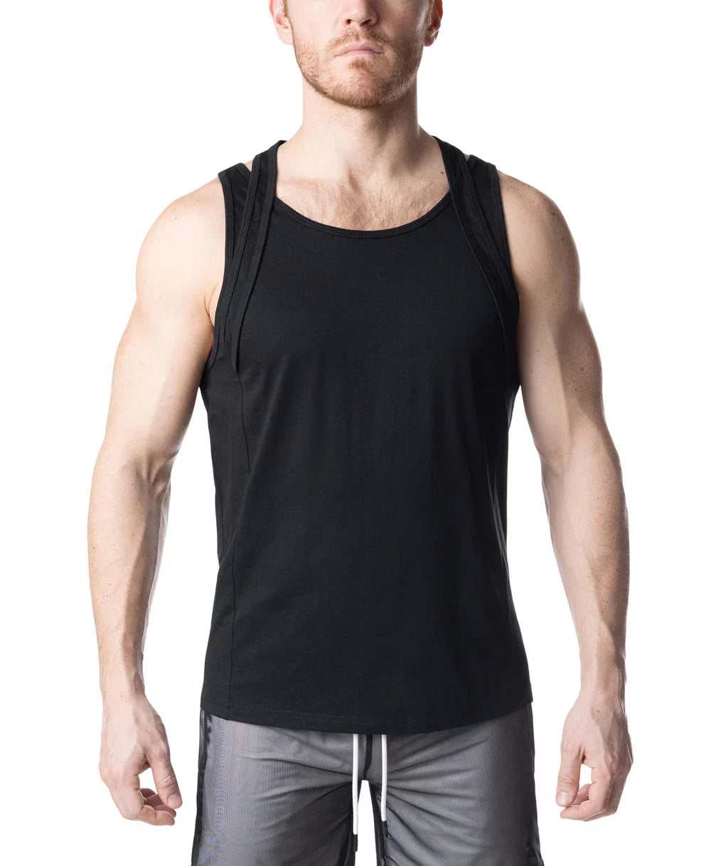 Black sleeveless double top tank top with round neckline and subtle side seam detailing for athletic wear