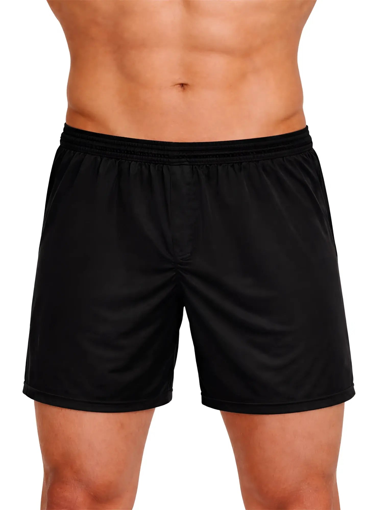 Black nylon active boxer shorts with stretchy elastic waistband and smooth lightweight fabric for athletic use