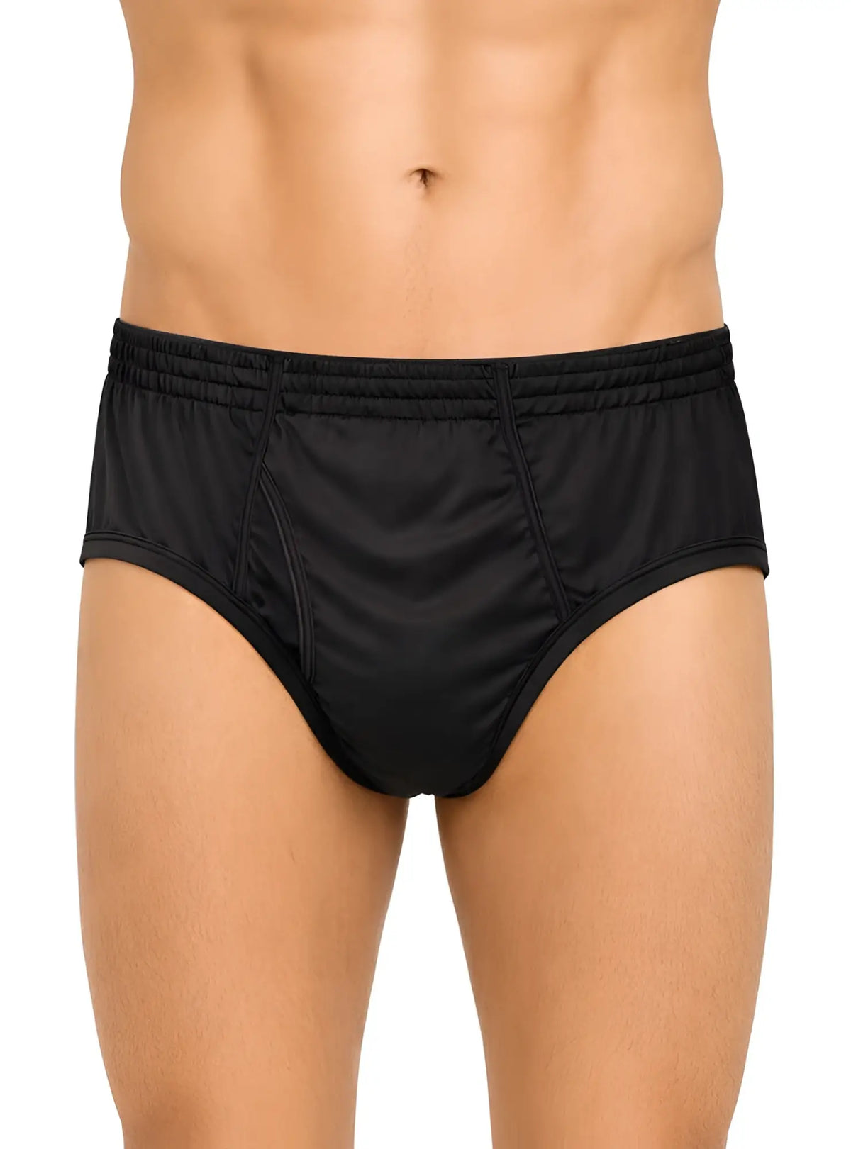 Black nylon plus active underwear briefs with smooth stretchy fabric and elastic waistband for athletic use