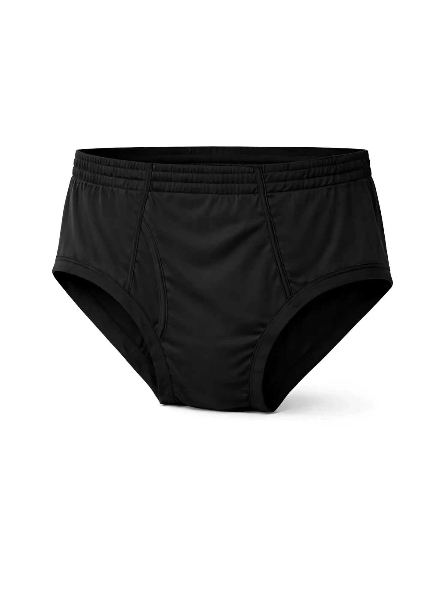 Black men’s nylon active underwear briefs with elastic waistband and smooth form-fitting fabric front view