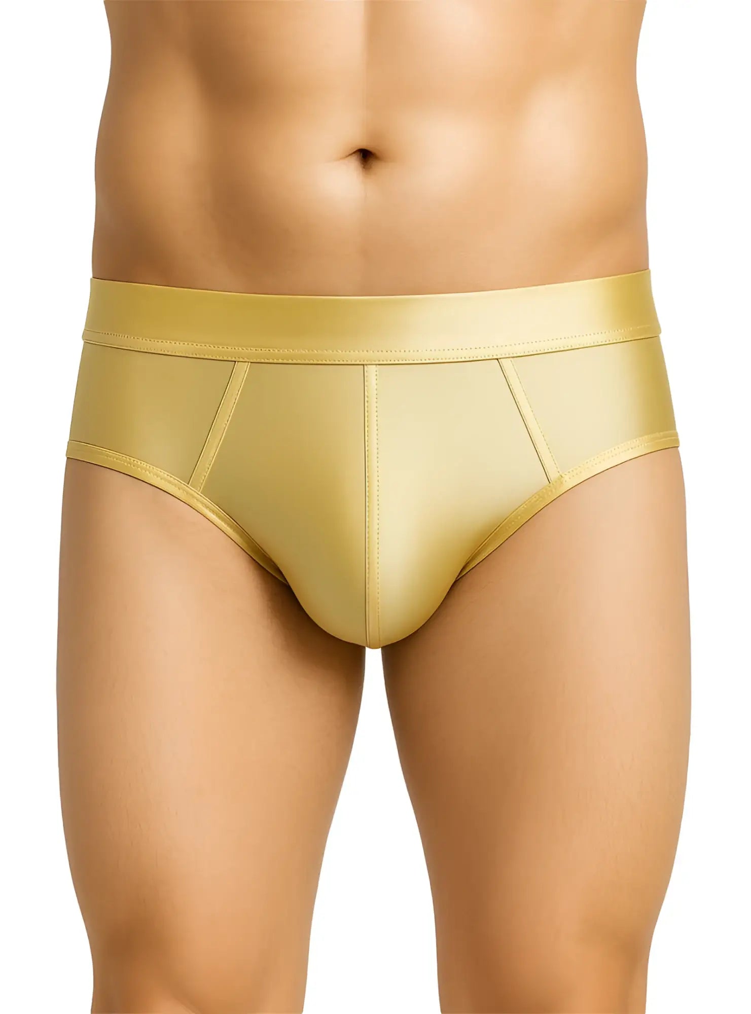 Gold satin nylon luxury brief with smooth shiny finish and tailored fit