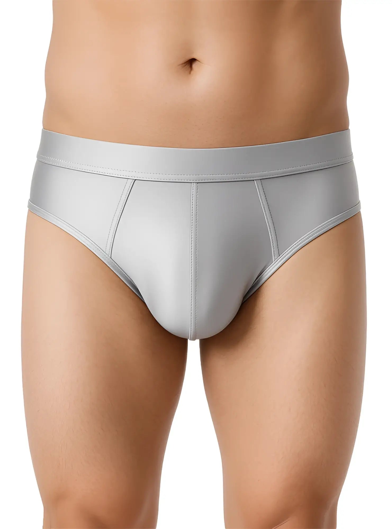 Gray nylon luxury brief with smooth form-fitting design and subtle stitching details shown from the back side