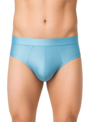 Light blue nylon luxury brief with smooth texture wide waistband and subtle seam detailing for men