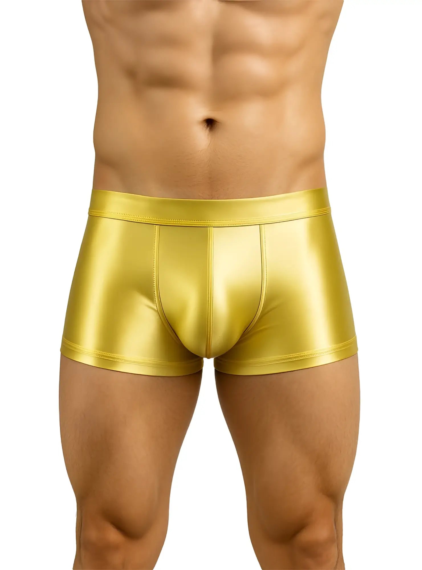 Shiny gold metallic nylon luxury trunk briefs with a sleek form-fitting design