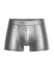 Shiny metallic silver nylon luxury trunk briefs with sleek form-fitting design and subtle stitching details