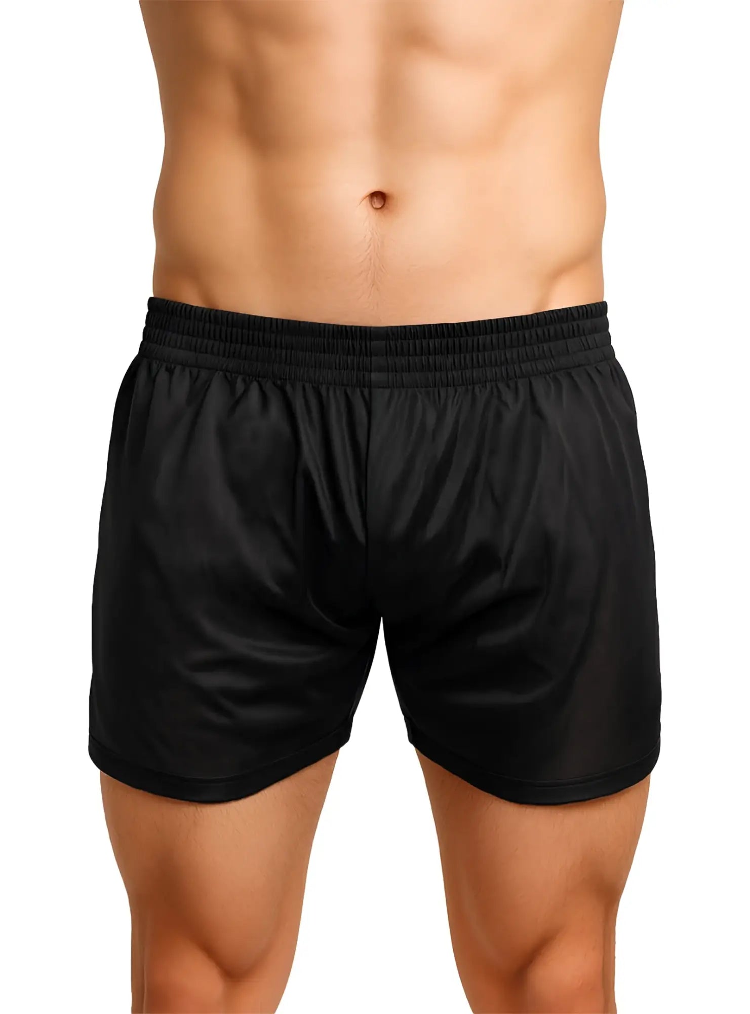 Black nylon tricot boxer shorts with smooth shiny fabric and elastic waistband for athletic use