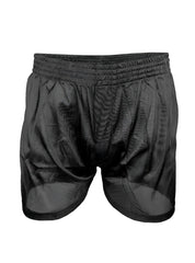 Black nylon tricot boxer shorts with textured shiny fabric and elastic waistband for athletic use