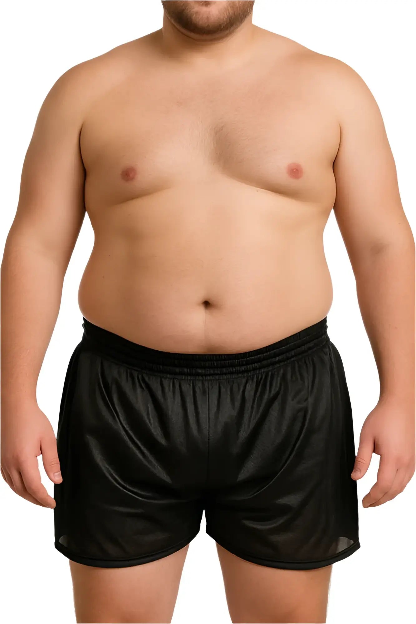 Black shiny nylon tricot boxer athletic shorts with an elastic waistband for comfortable active wear