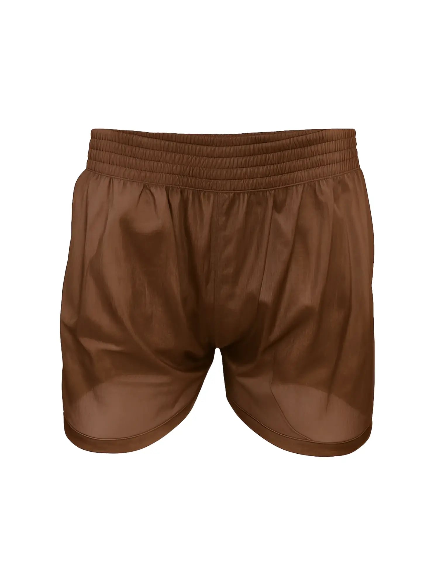 Brown nylon tricot boxer shorts with stretchy elastic waistband and smooth slightly shiny fabric