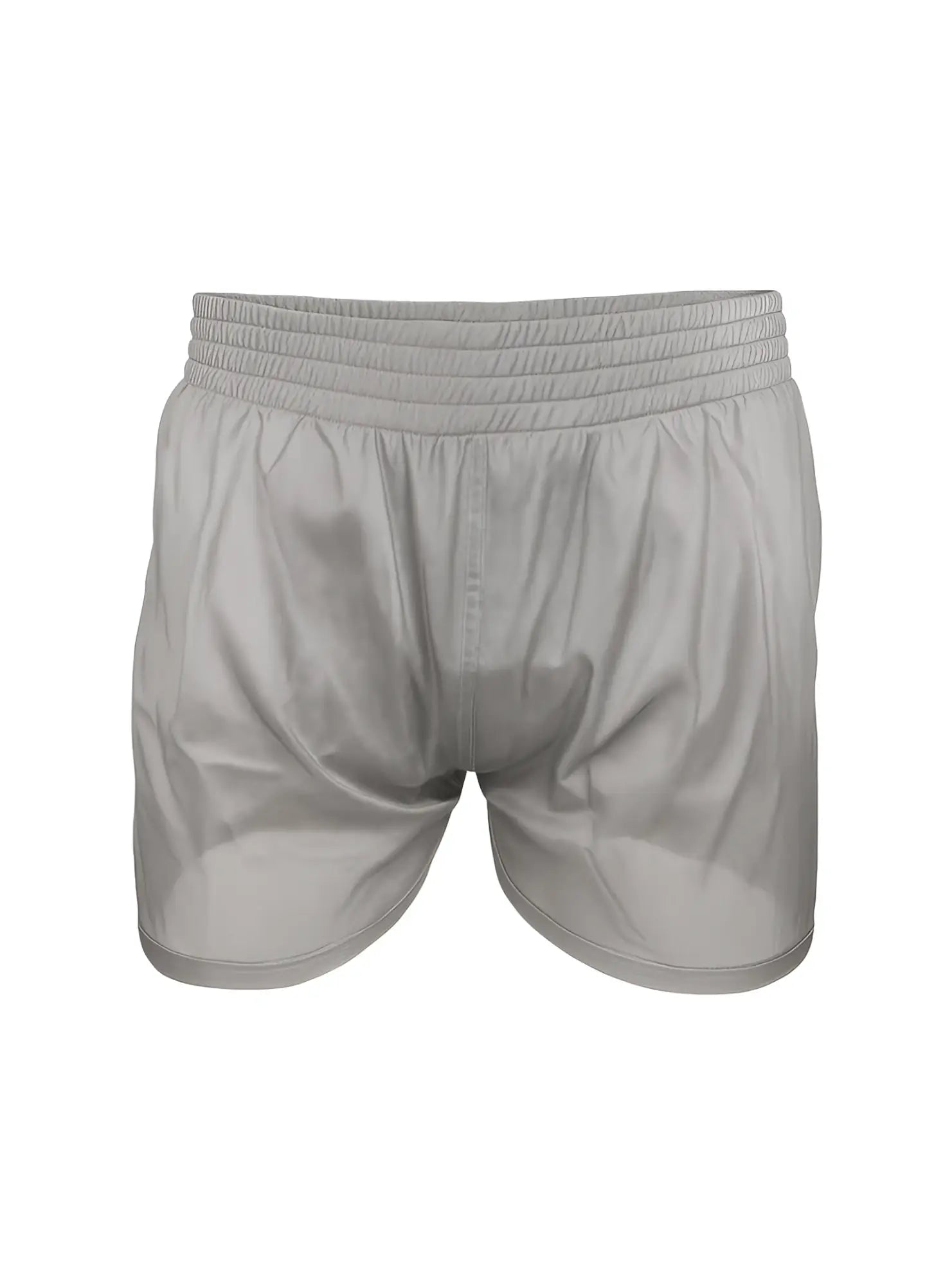 Gray nylon tricot boxer athletic shorts with elastic waistband and smooth lightweight fabric front view