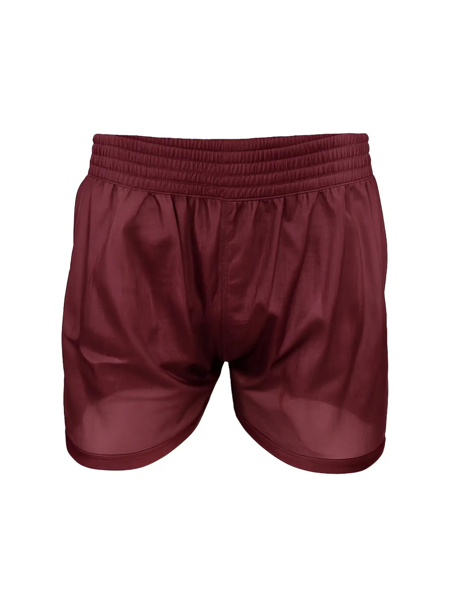 Maroon nylon tricot boxer shorts with an elastic waistband and smooth shiny fabric for athletic use
