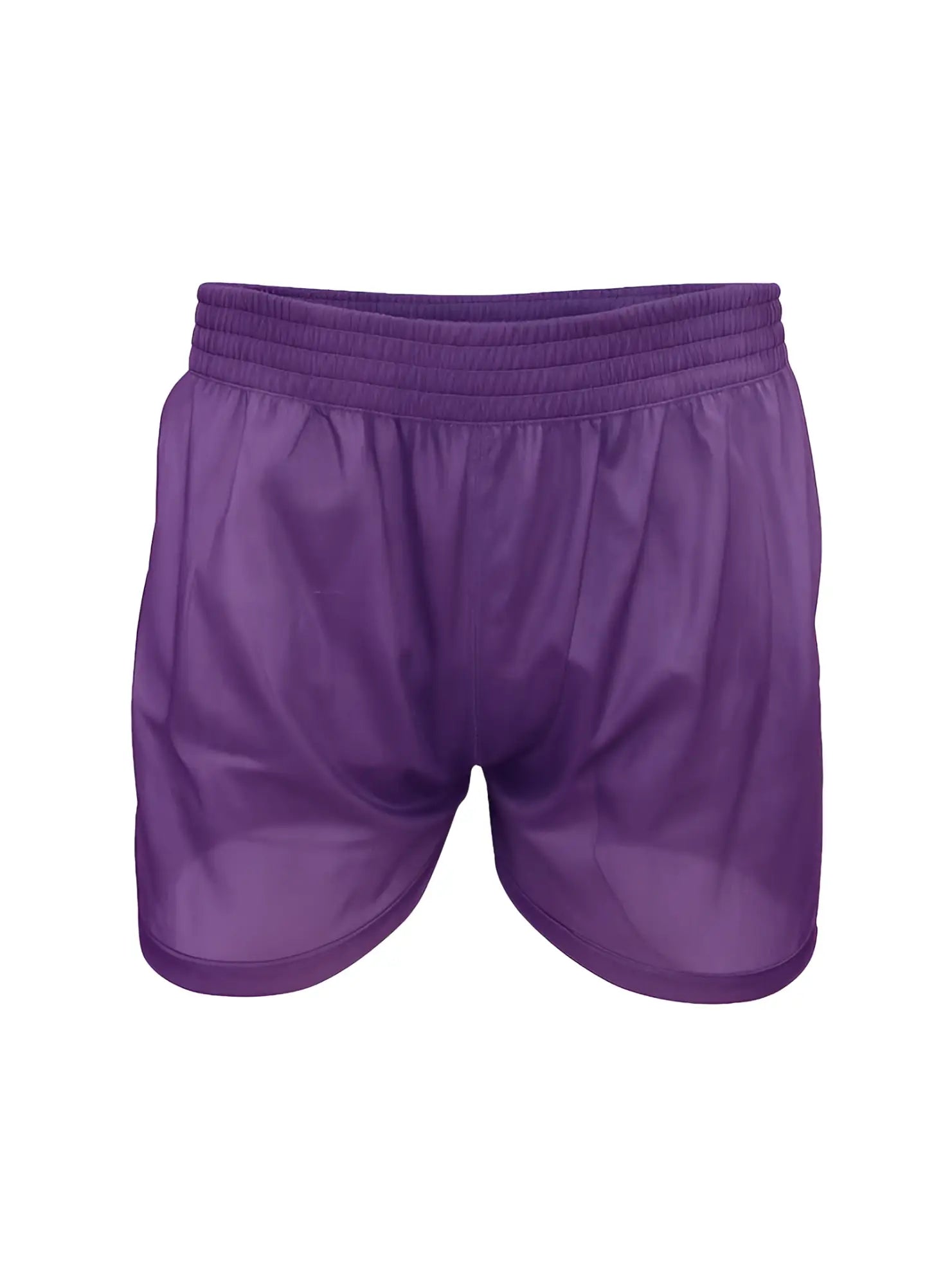 Purple nylon tricot boxer shorts with elastic waistband and smooth shiny fabric for athletic use