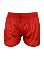 Red nylon tricot boxer shorts with elastic waistband and smooth shiny fabric for athletic use