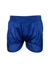 Royal blue nylon tricot boxer shorts with elastic waistband and smooth shiny fabric finish