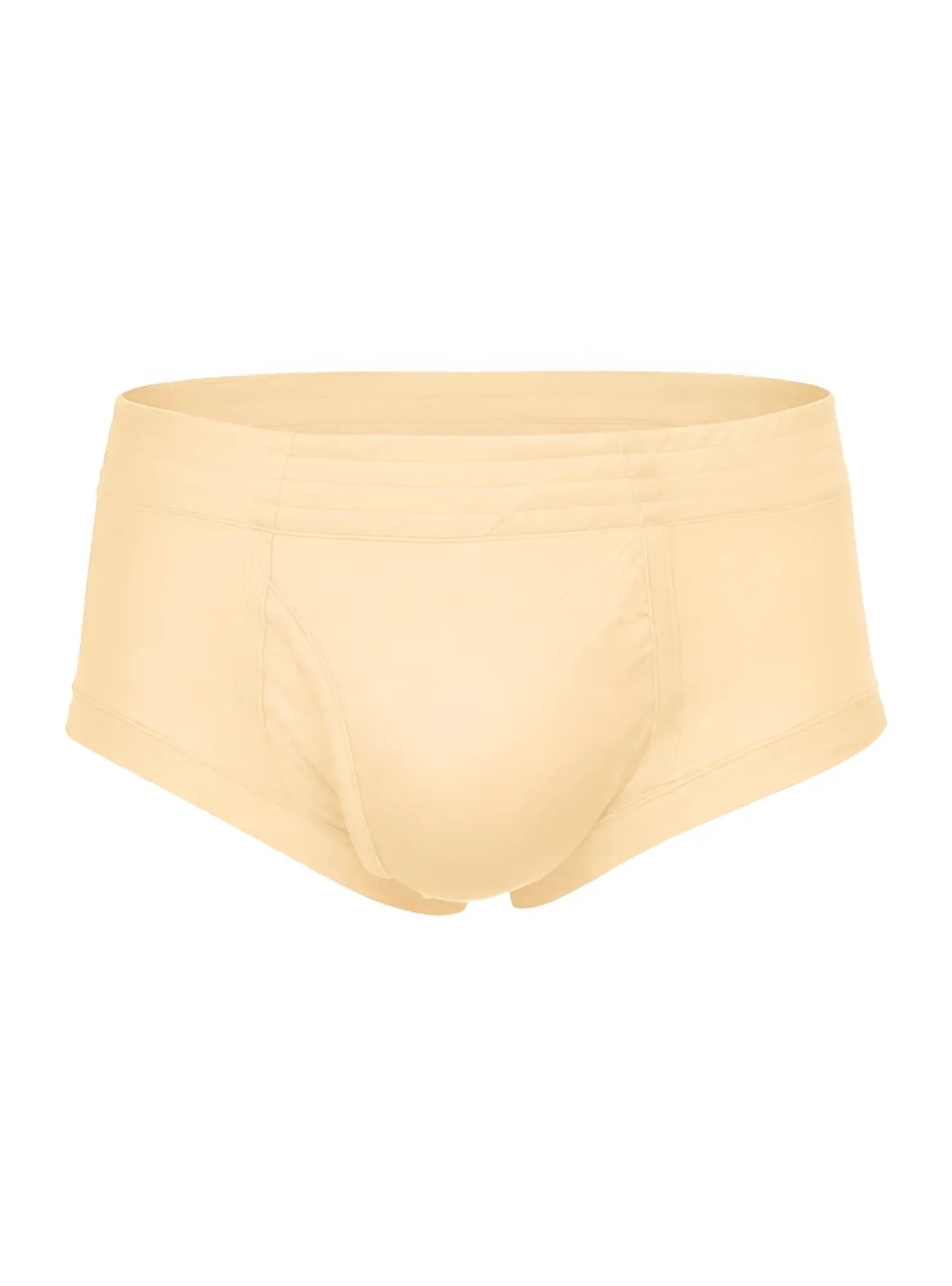 Beige nylon tricot brief with smooth seamless design and elastic waistband for comfortable support