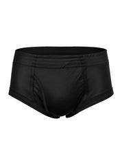 Black men’s nylon tricot brief swim trunks with smooth glossy fabric and contoured design front view