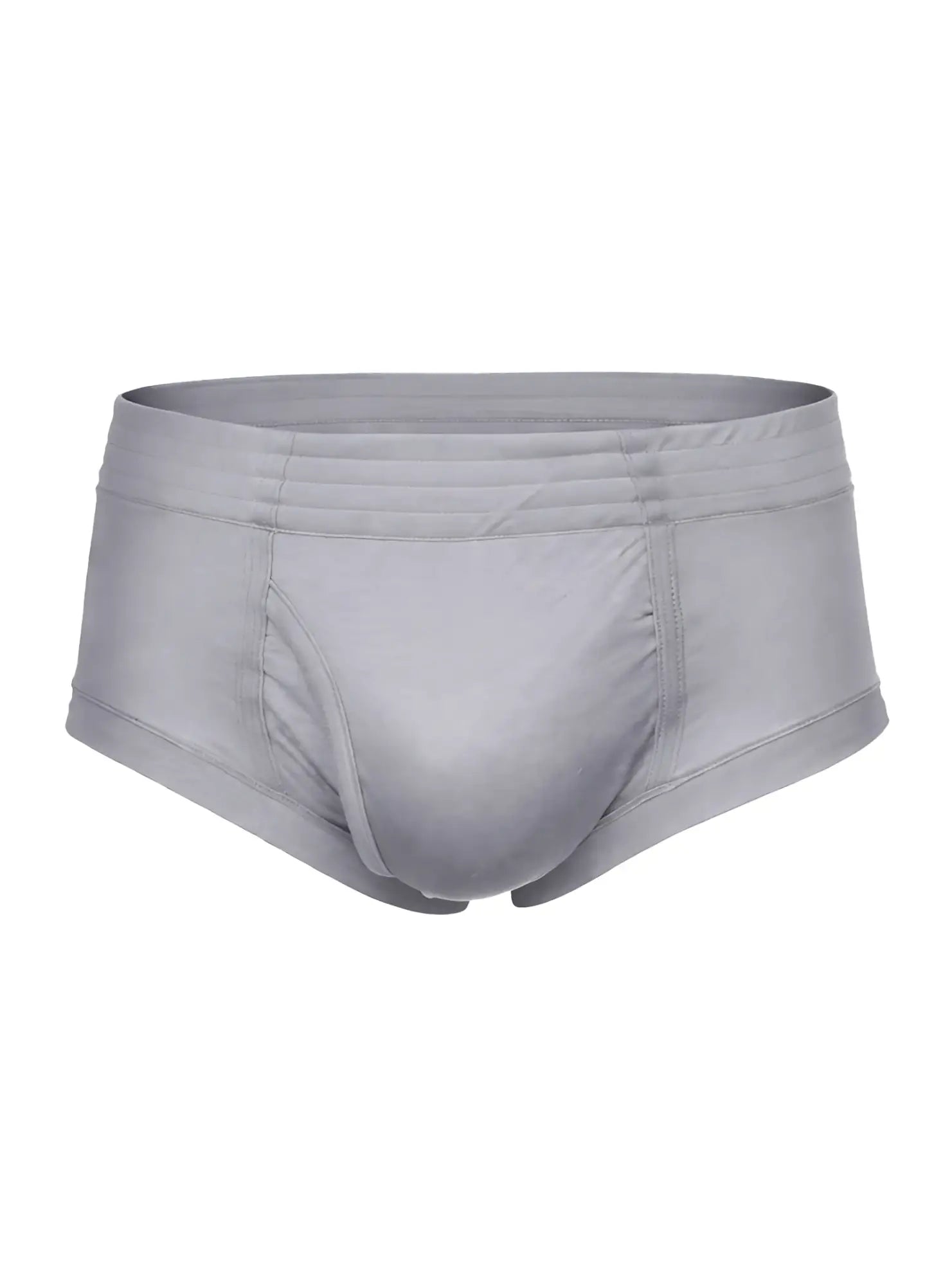 Gray nylon tricot brief with smooth form-fitting fabric and subtle stitching details for men
