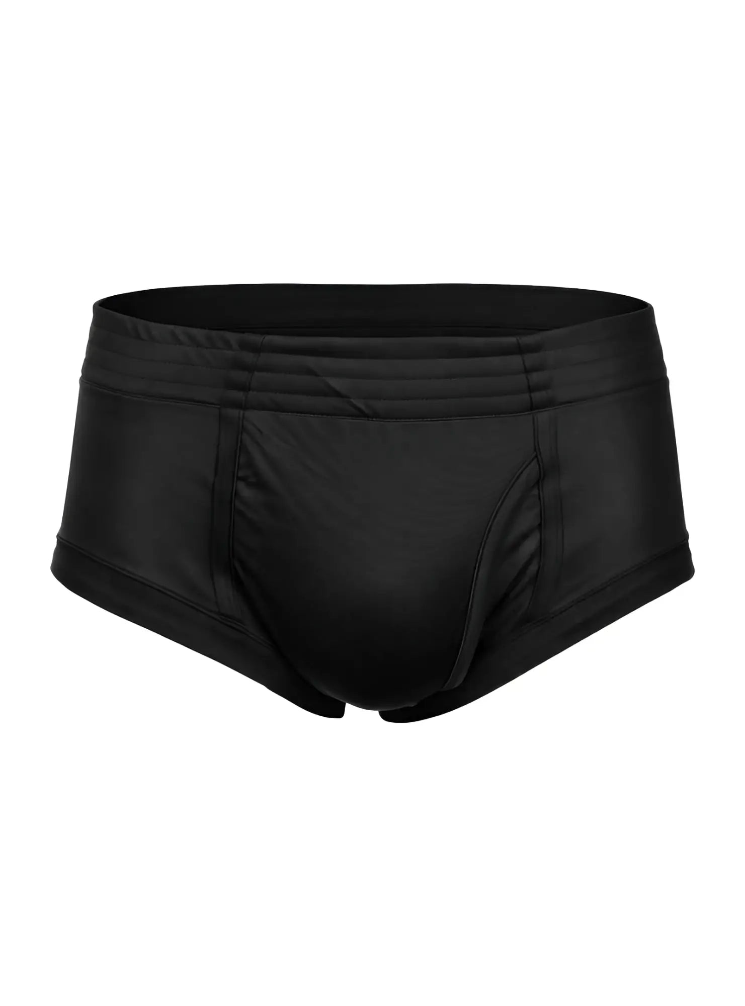 Black mens nylon tricot briefs with smooth satin finish elastic waistband and left side fly closure