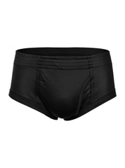 Black mens nylon tricot briefs with smooth satin finish elastic waistband and left side fly closure