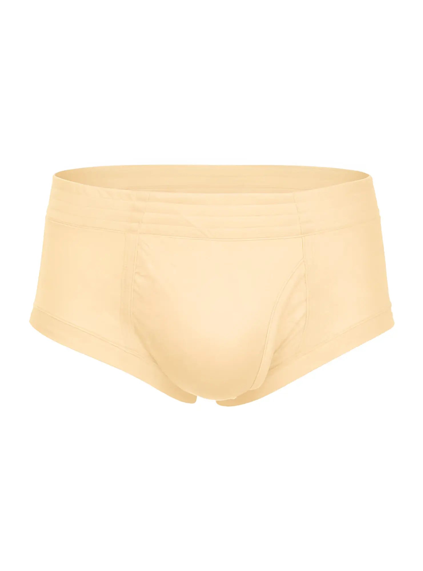 Cream-colored seamless nylon tricot briefs with left side fly made of soft stretch fabric for comfortable wear