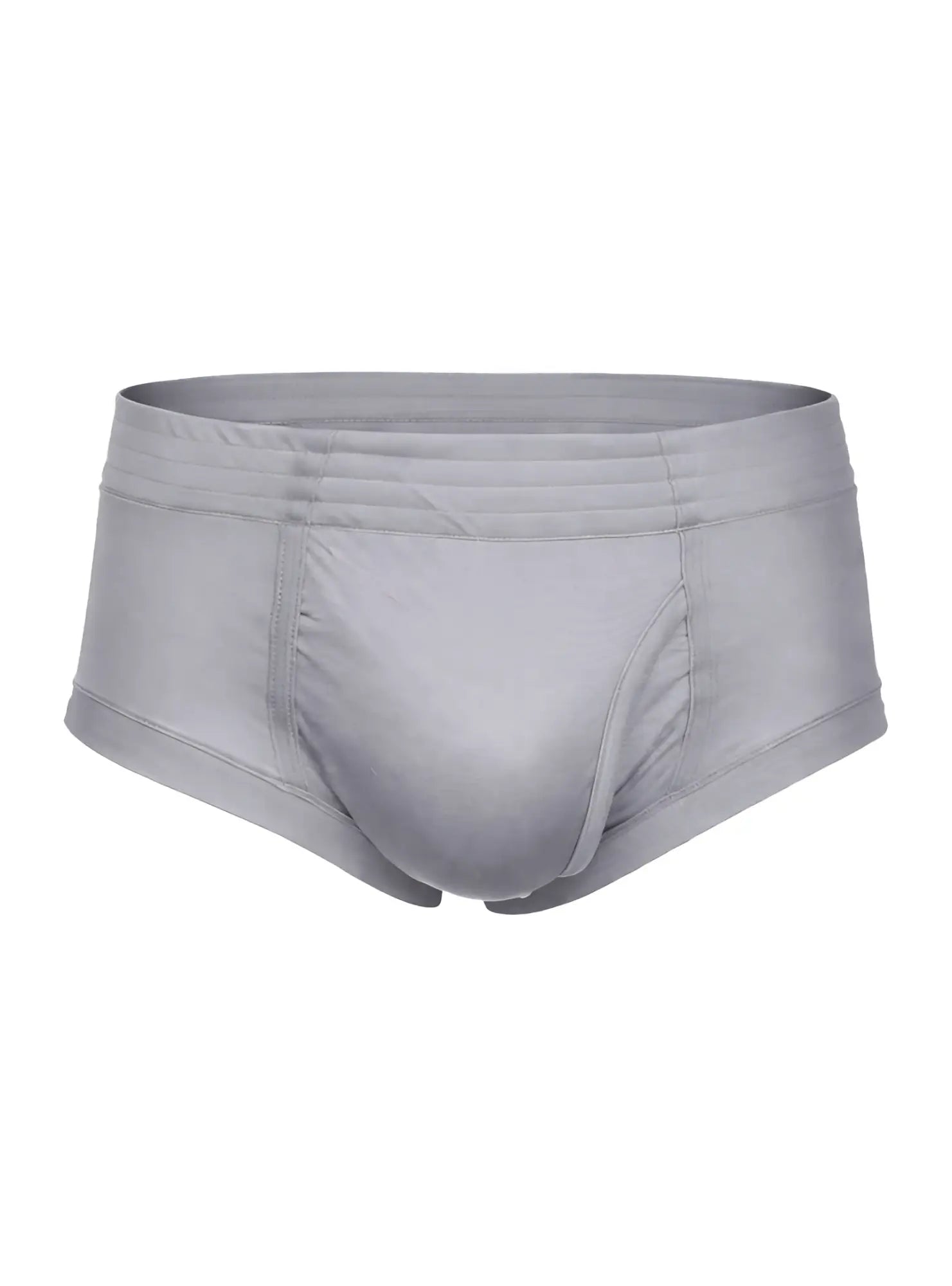 Gray nylon tricot men’s briefs with smooth stretchy fabric and contoured design featuring left side fly