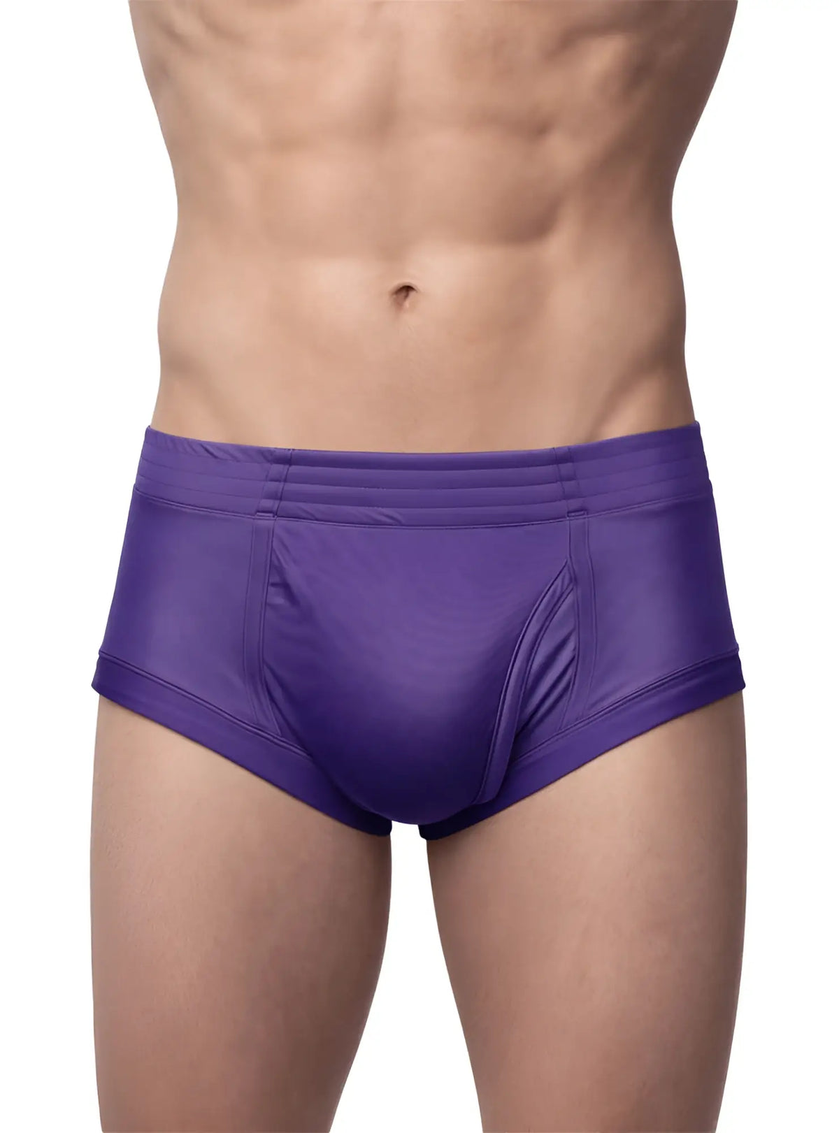 Purple nylon tricot briefs with left side fly and smooth glossy satin finish featuring subtle seam detailing