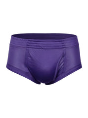 Purple nylon tricot brief swim trunks with smooth shiny fabric and elastic waistband featuring left side fly
