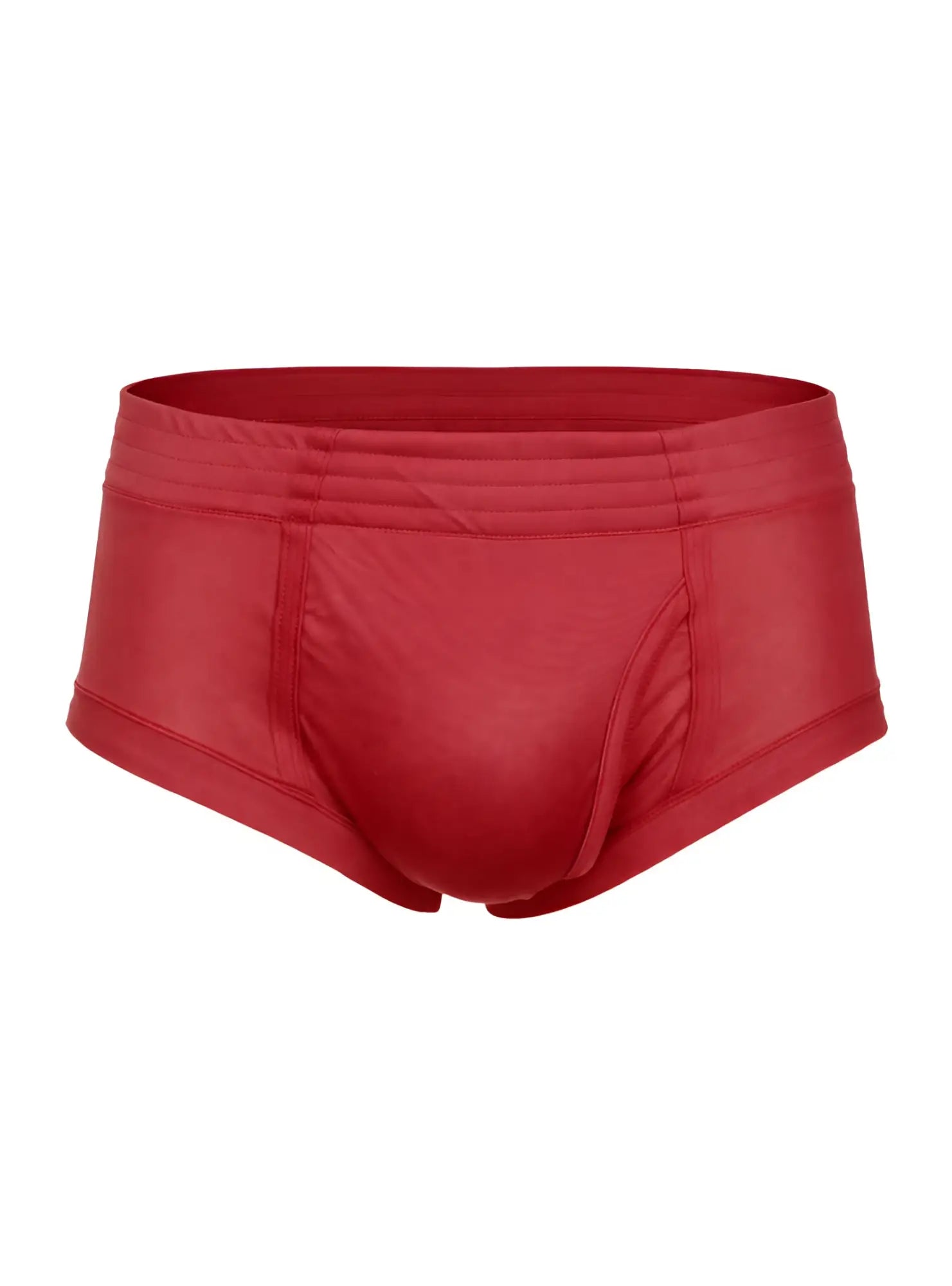Red men’s nylon tricot briefs with a smooth satin-like fabric and elastic waistband featuring left side fly