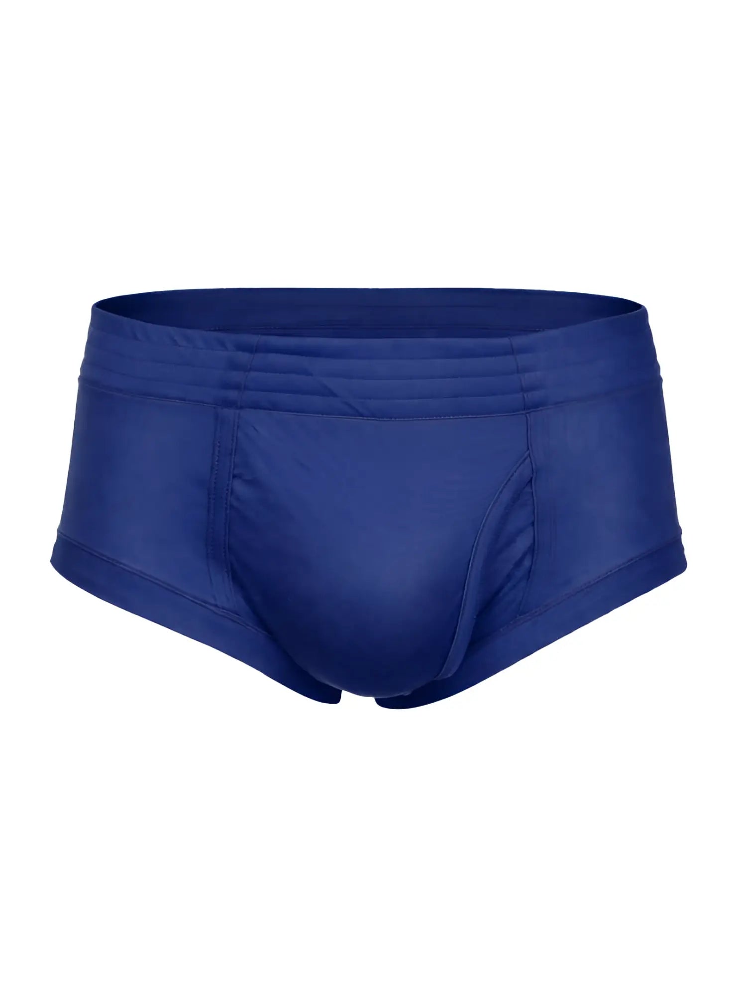 Royal blue nylon tricot brief swim trunks with smooth stretchy fabric and subtle seam detailing left side fly visible