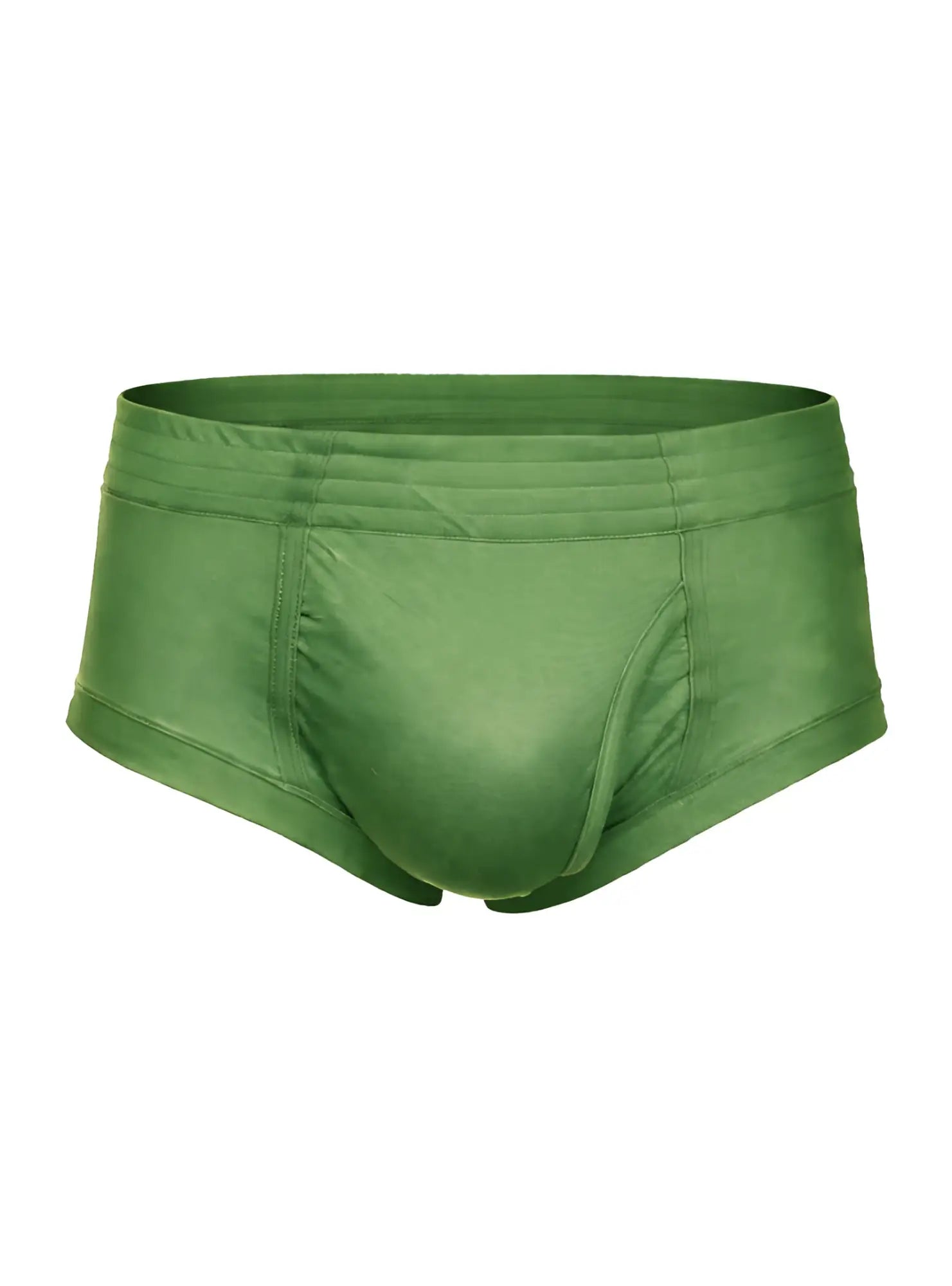 Solid olive green nylon tricot briefs with left side fly smooth stretchy fabric and subtle seam detailing