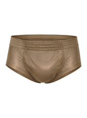 Tan metallic nylon tricot brief with sleek shiny finish and elastic waistband showing the left side fly