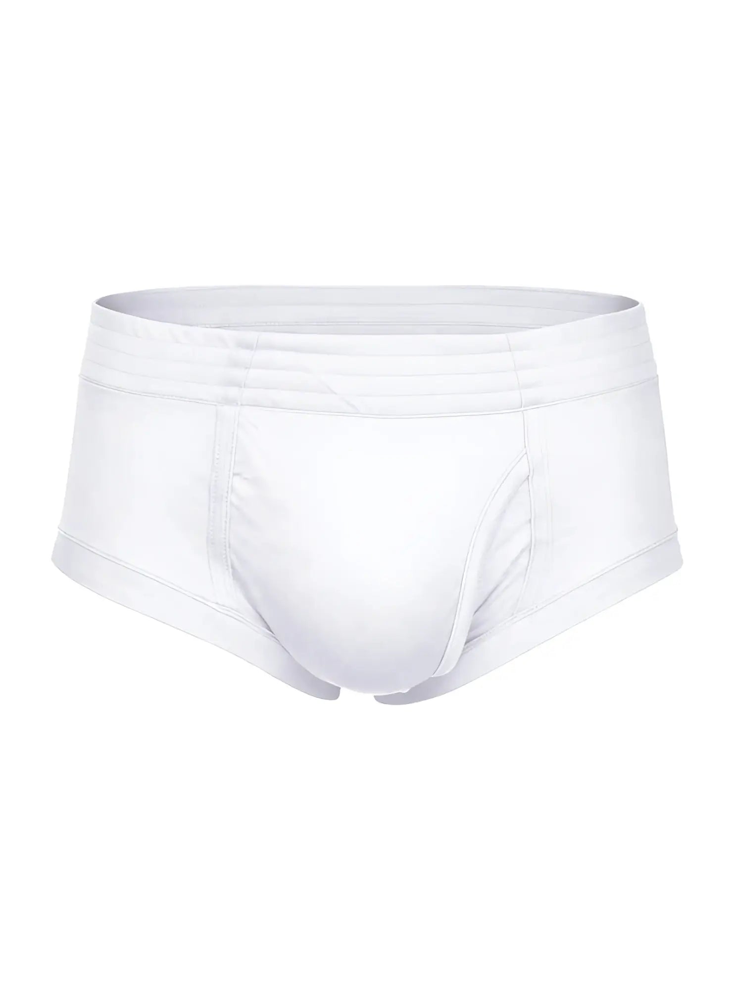 White nylon tricot men’s briefs with a smooth seamless design and elastic waistband featuring left side fly