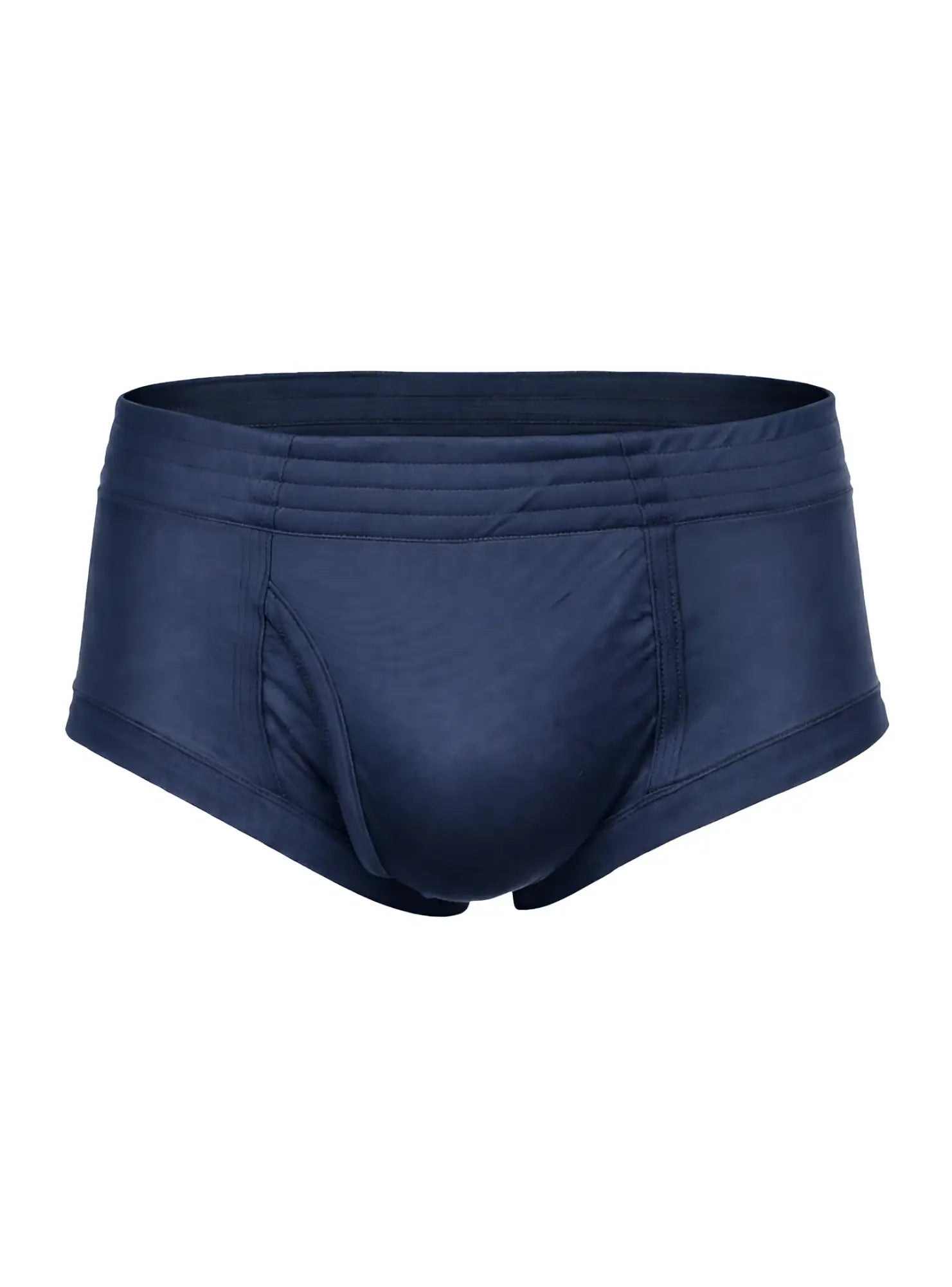 Navy blue men’s nylon tricot briefs with smooth stretchy fabric and contoured design for comfortable support