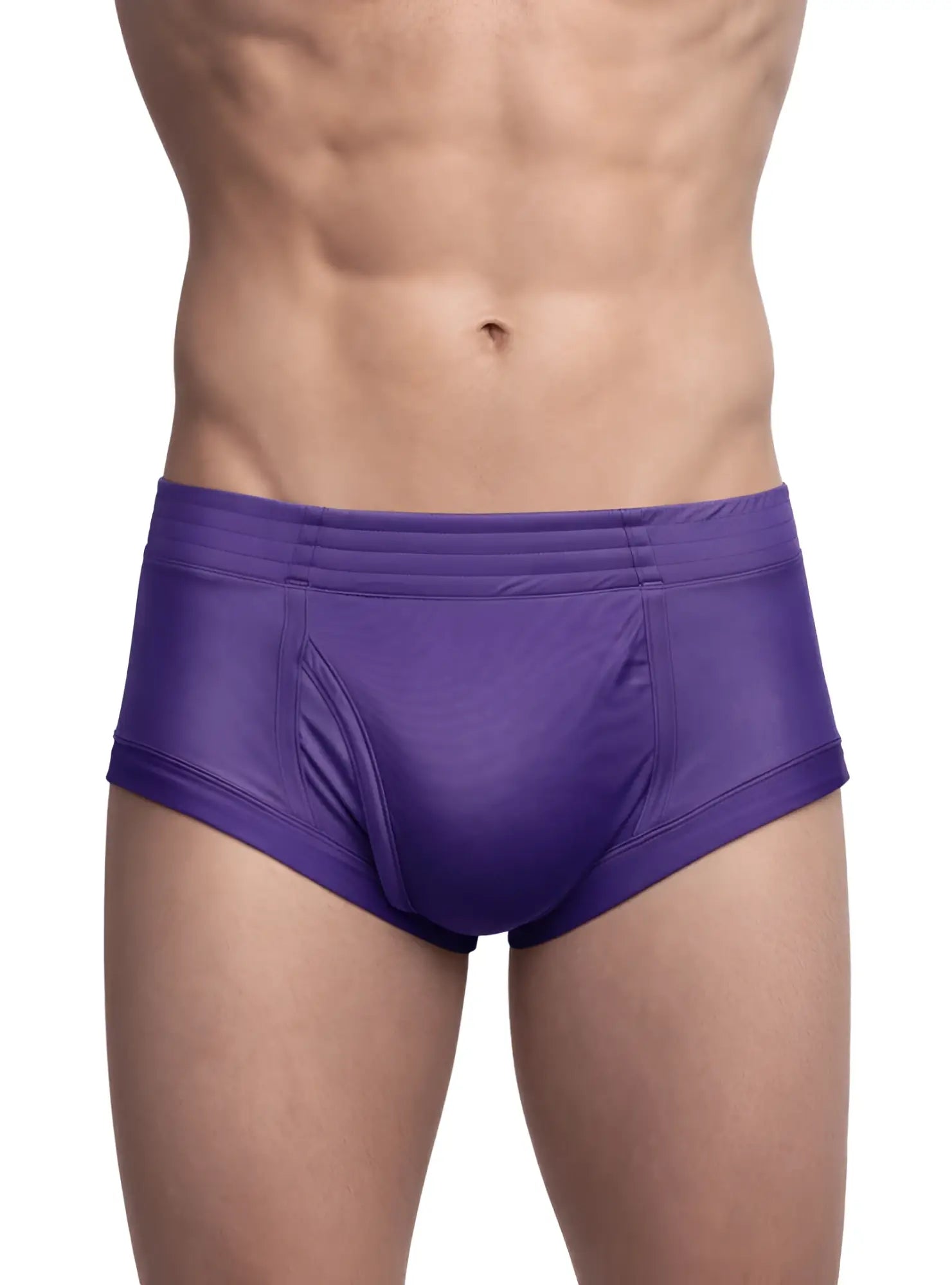 Purple men’s nylon tricot brief with smooth shiny fabric and contoured design front view