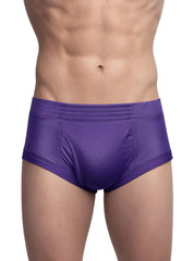 Purple men’s nylon tricot brief with smooth shiny fabric and contoured design front view