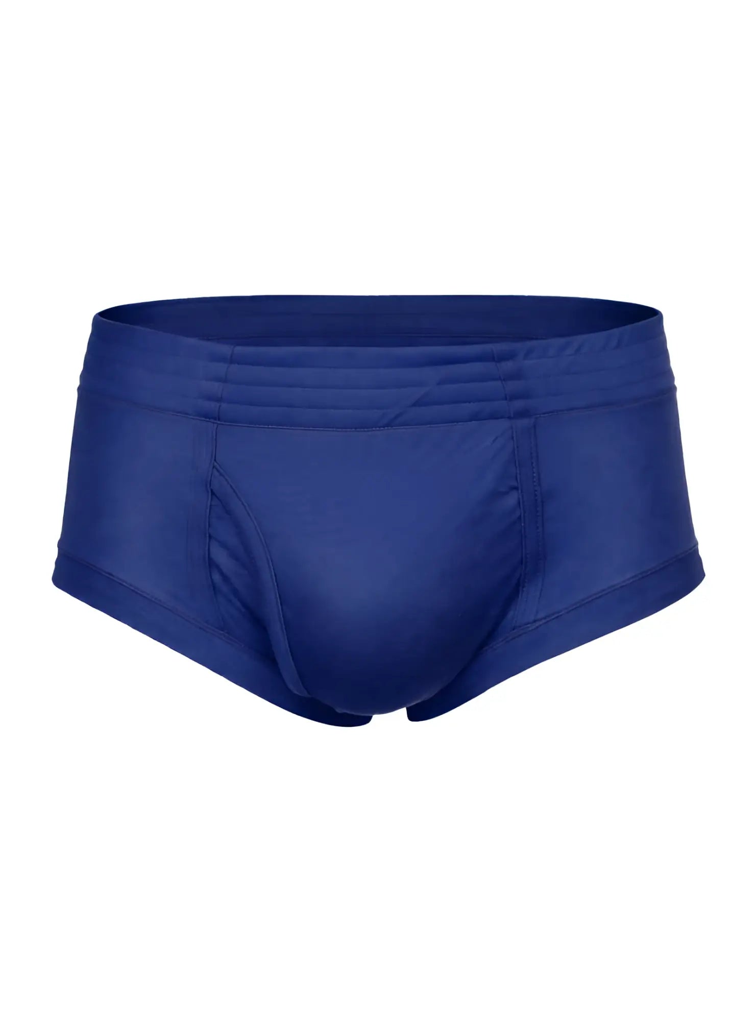 Royal blue nylon tricot brief swim trunks with smooth stretchy fabric and contoured design for comfortable fit