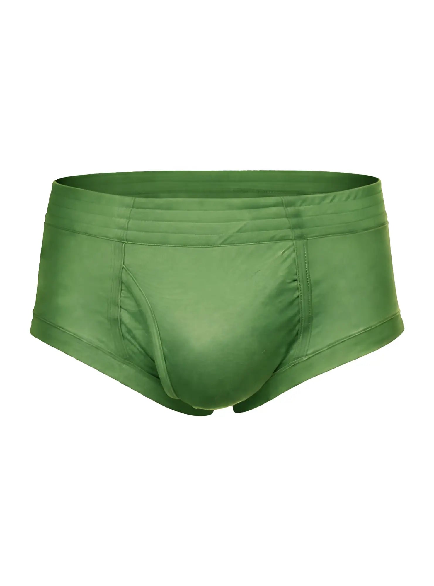 Solid olive green nylon tricot brief with smooth satin-like fabric and subtle seam detailing shown from the back