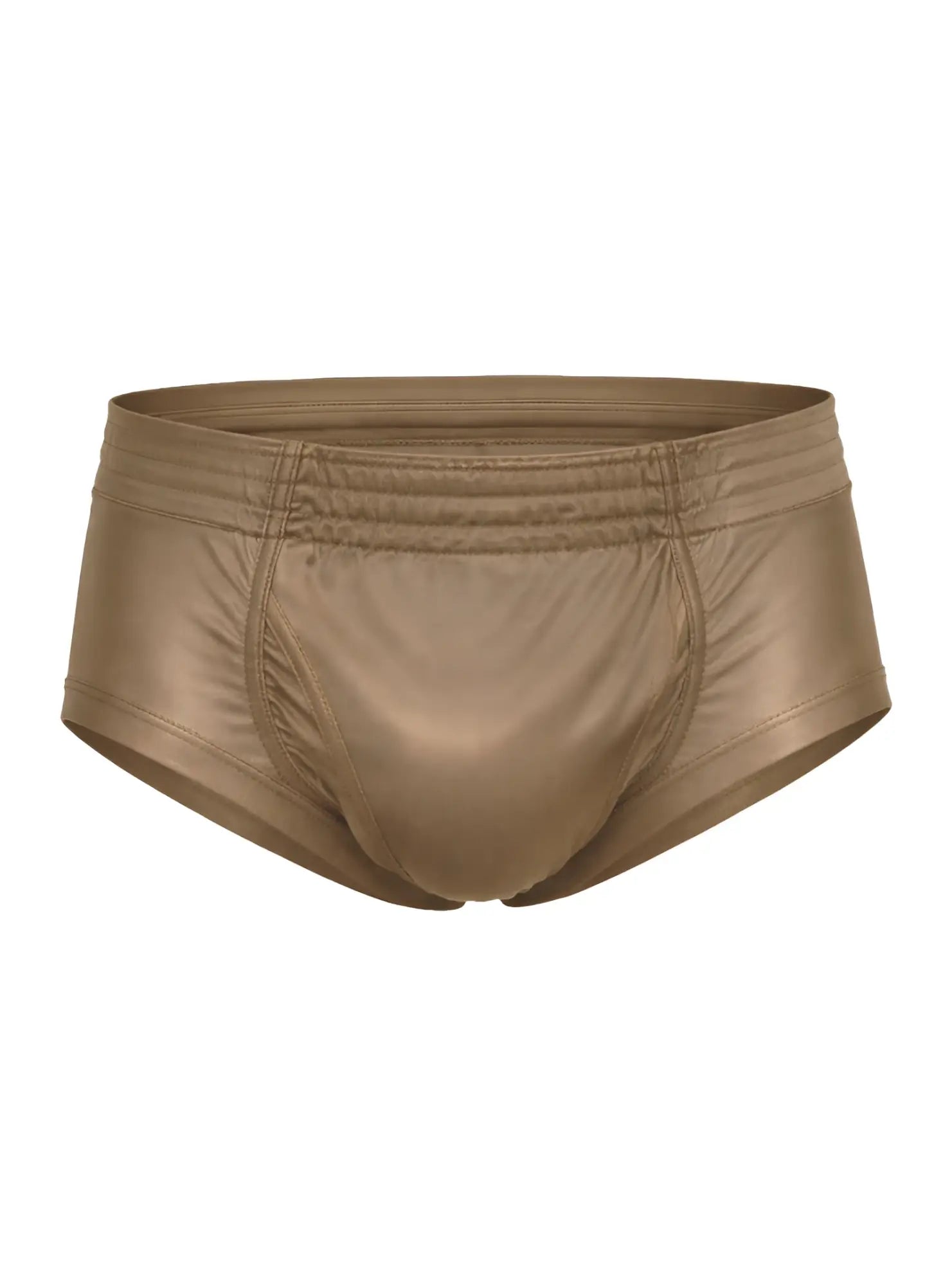 Tan metallic nylon tricot brief with sleek shiny finish and elastic waistband front view