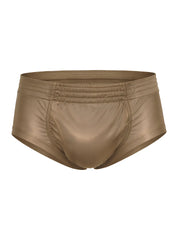 Tan metallic nylon tricot brief with sleek shiny finish and elastic waistband front view