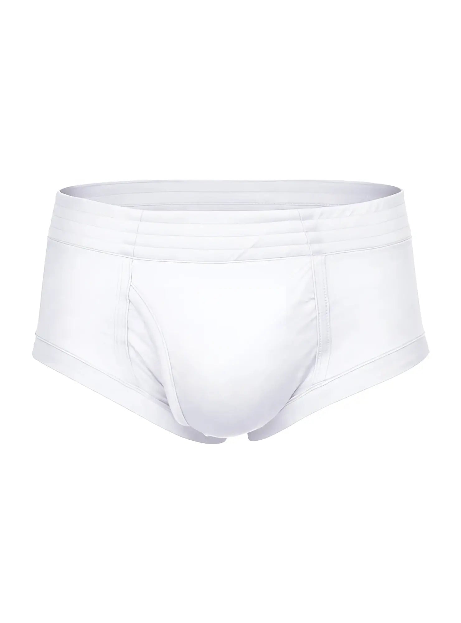White nylon tricot men’s briefs with smooth seamless design and elastic waistband front view