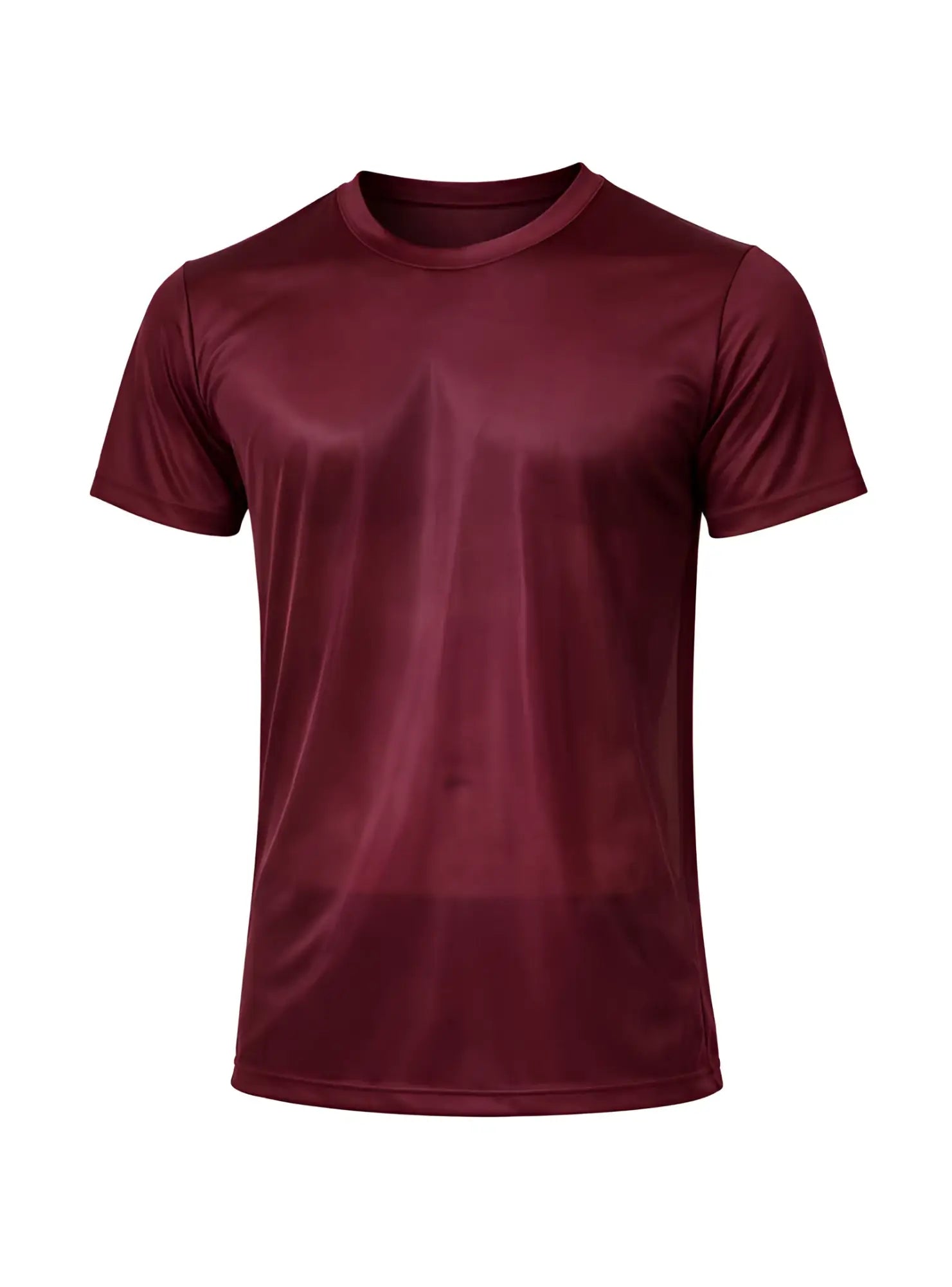 Maroon short-sleeved nylon tricot crew neck t-shirt made of smooth performance fabric for athletic use