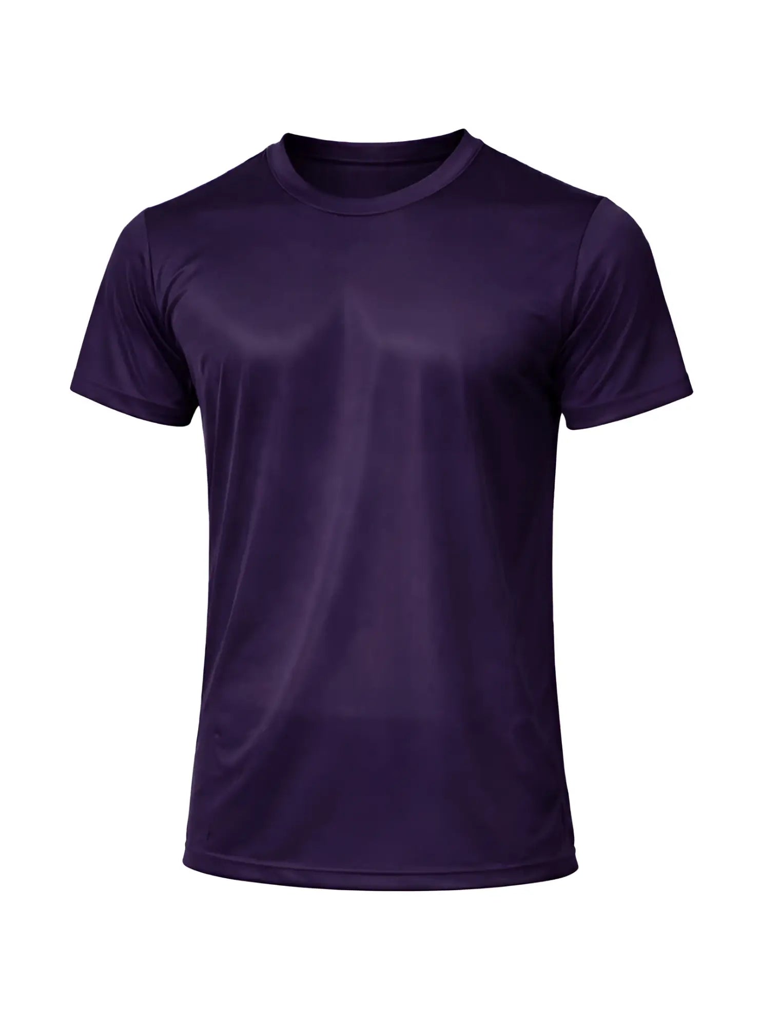 A solid purple nylon tricot short-sleeved crew neck t-shirt with smooth slightly shiny fabric