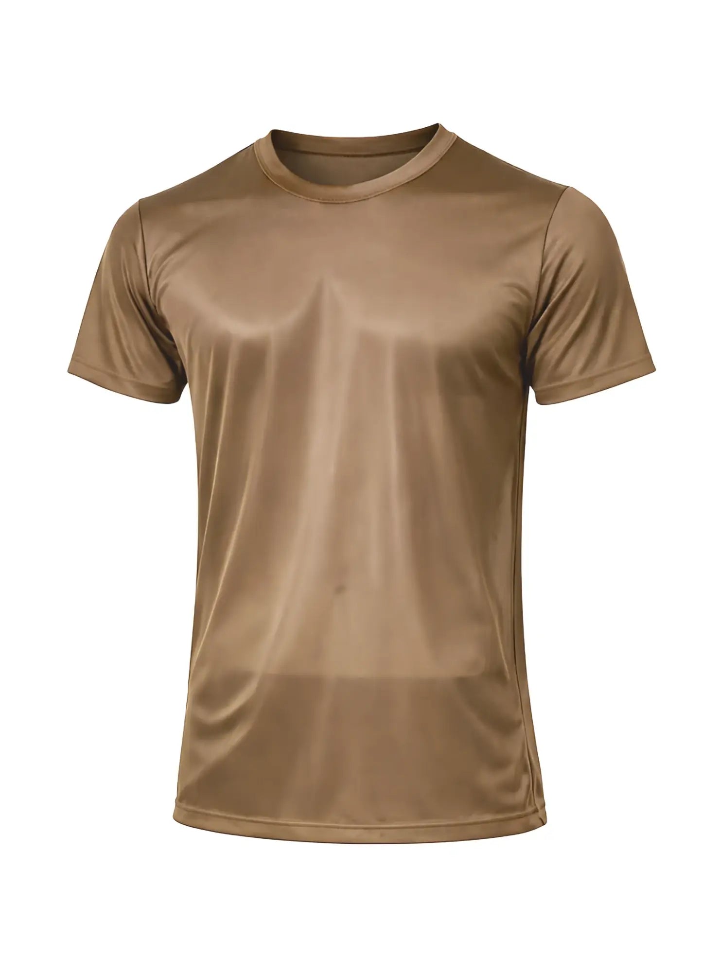 Tan short-sleeved nylon tricot crew neck t-shirt with smooth moisture-wicking performance fabric