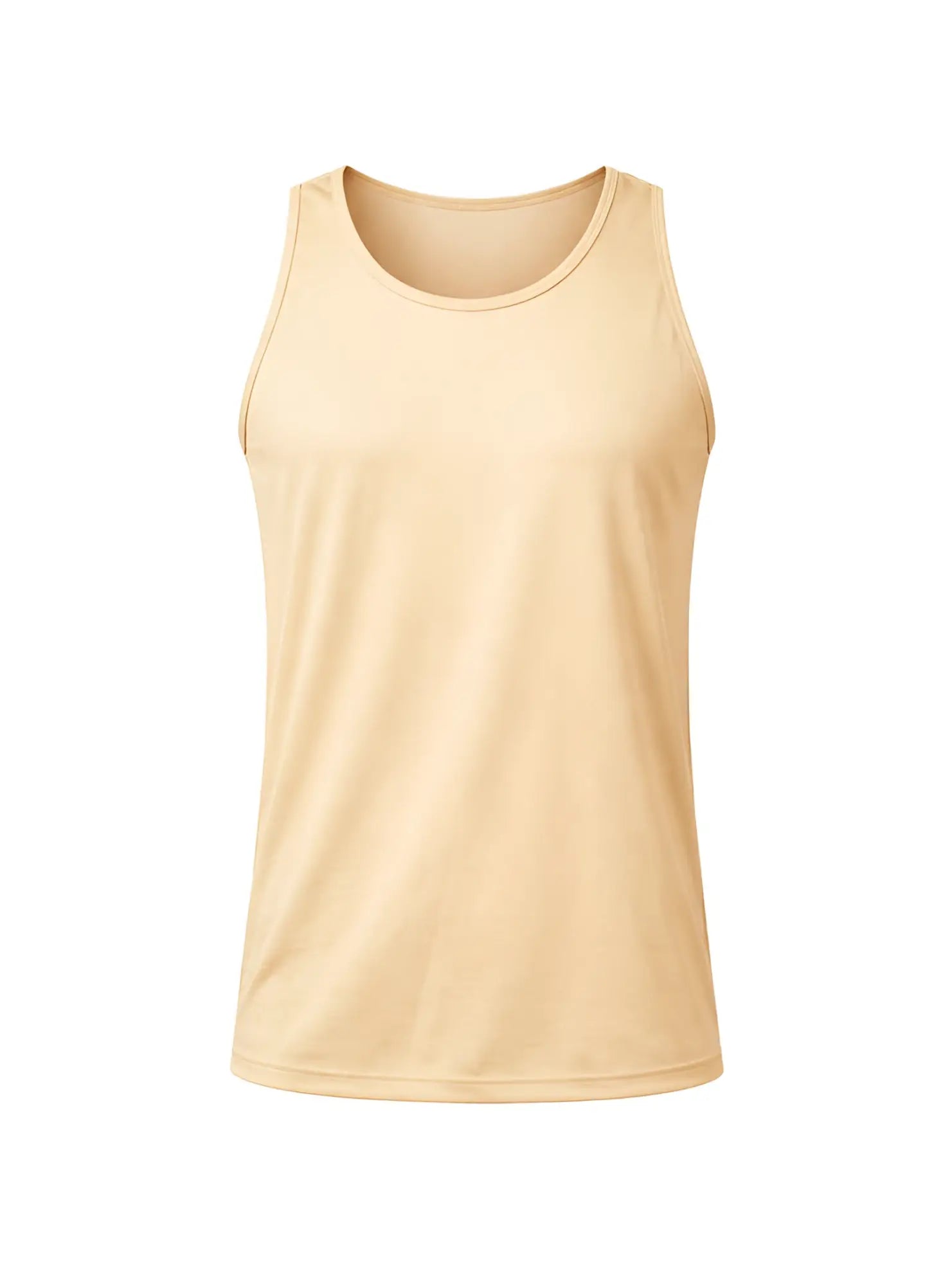 Beige sleeveless nylon tricot tank top with round neckline and smooth lightweight fabric for athletic use